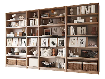 Modern Wooden Bookcase With Multiple Shelves Books Photo Frames Vases And Baskets 3d model