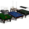 Premium Billiard Tables in Green Blue Gray with Pool Cues and Balls