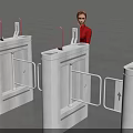 Woman in Red Top with Dark Skirt Operating White Turnstiles with Screen and Black Shoes