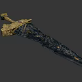 Ancient Ornate Sword with Golden Intricate Design and Red Gemstone Embedded on Detailed Hilt
