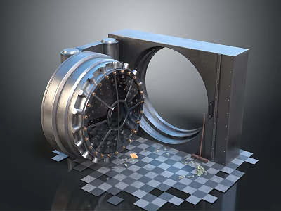 3D Vault Door Scene With Metal Frame Checkerboard Platform And Scattered Gold Coins 3d model