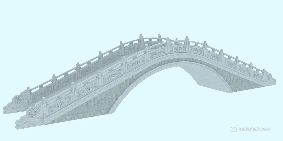 Classic Stone Arch Bridge with Intricate Carved Railings and Gray Stone Structure 3d model 