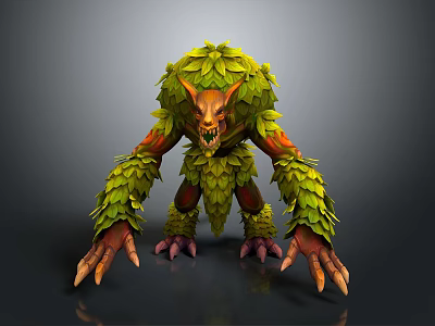 Leaf Covered Horned Fantasy Creature With Sharp Teeth Long Arms And Clawed Hands 3d model
