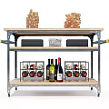 Wooden Top Rolling Cart With Wine Bottle Storage Food Containers And Wheels
