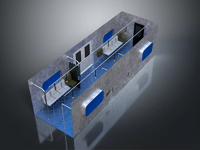 Modern Train Interior Design with Seats Stairs Railings and Compartments 3d model