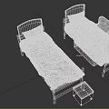 Two Single Beds with Wooden Frame Red Headboard Patterned Bedspread Pillow and Gray Small Stool 3d model