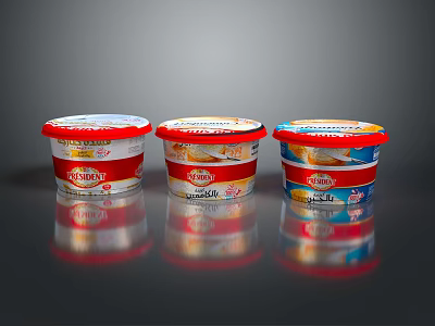 Danone Yogurt Cups With Red Lids White Bodies Different Flavors And Reflections On Dark Background 3d model