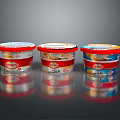 Danone Yogurt Cups With Red Lids White Bodies Different Flavors And Reflections On Dark Background