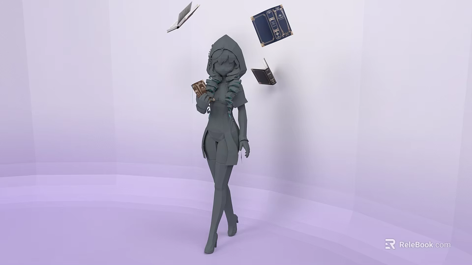 Mystical Game and Movie Character Wearing Hooded Cloak Holding Book With Floating Books And Laptop 3d model 