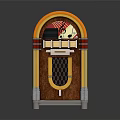 Vintage Wooden Jukebox Audio System With Brown Orange Finish And Retro Decorative Grille Stripes Design