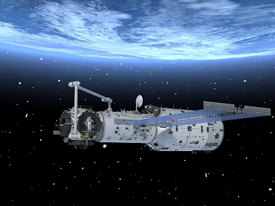 Stunning Space Landscape Featuring Earth With Blue Atmosphere And Orbiting Space Station 3d model