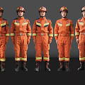 Professional Male Firefighters in Orange Uniforms Standing in a Line Against Dark Background