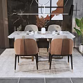 Modern Dining Table Set with Brown Upholstered Chairs Green Plant and Light Carpet