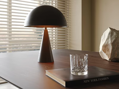 Black Shade Table Lamp With Brown Base On Wooden Table Near Glass Tumbler And Blinds 3d model