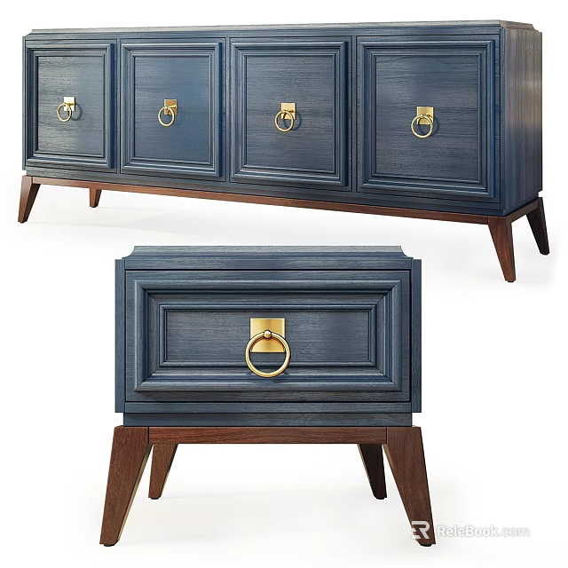 Dark Blue Wooden Storage Cabinet With Brass Ring Handles And Tapered Wooden Legs 3d model 