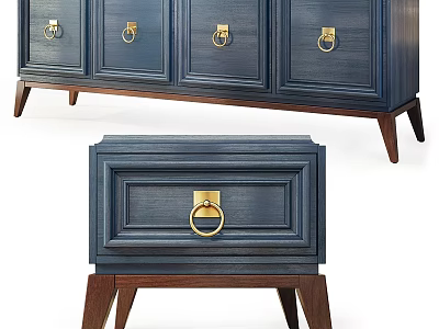 Dark Blue Wooden Storage Cabinet With Brass Ring Handles And Tapered Wooden Legs 3d model