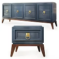 Dark Blue Wooden Storage Cabinet With Brass Ring Handles And Tapered Wooden Legs