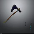 Ornate Blue Axe with Red Handle and Gold Decorative Details and Small Accessories