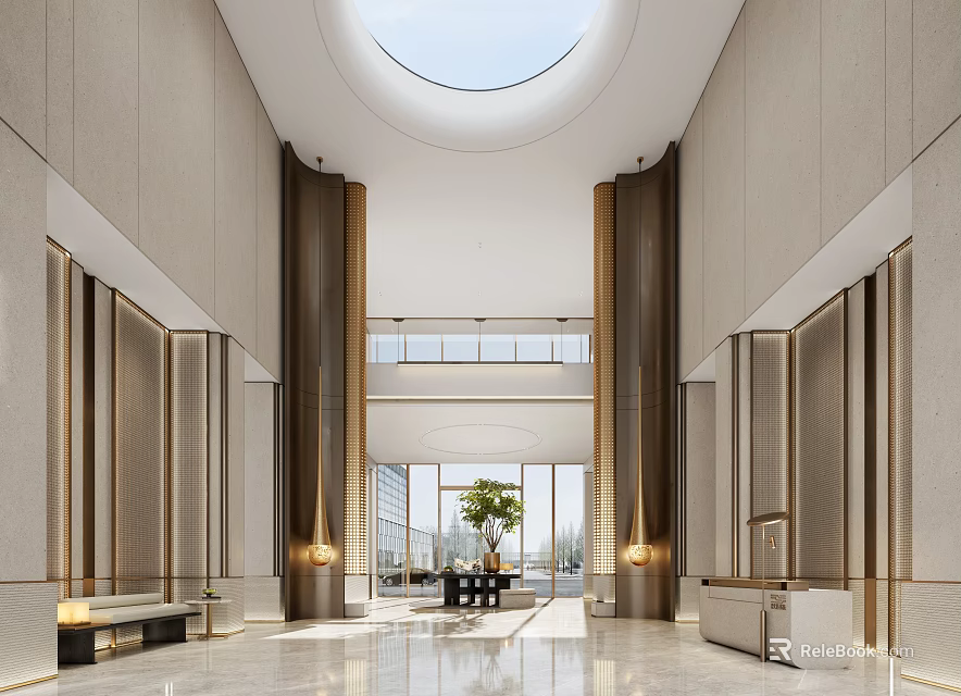 Spacious Luxury Sales Office Lobby With High Ceiling Round Skylight And Exquisite Marble Interior Design 3d model 