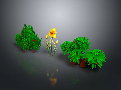 Various Green Plants And Yellow Flowers In Potted Decorative 3d model