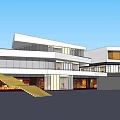 Modern Commercial Building Exterior With Glass Facade Yellow Staircase And Clean Design