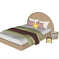 Kids Bed with Beige Arched Headboard Pink Pillows Yellow Crown Side Basket and Alarm Clock