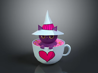 Purple Cat Wearing Wizard Hat Sitting In White Cup With Pink Heart Design 3d model