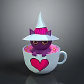 Purple Cat Wearing Wizard Hat Sitting In White Cup With Pink Heart Design