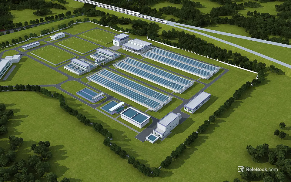 Aerial View of Modern Industrial Factory Complex With Multiple Buildings Green Surroundings And Roads 3d model 