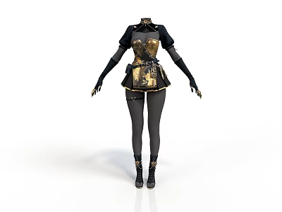 Woman Dressed In Steampunk Style Black Gold Corset With Leather Gloves Fitted Pants And Boots 3d model