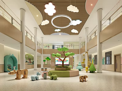 Kindergarten Spacious Lobby With Cloud Shaped Ceiling Lights Green Tree Structure And Wooden Animal Toys 3d model