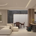 Modern Open Living Room Interior Design With Beige Sofa Round Coffee Table And Wooden Bookshelf