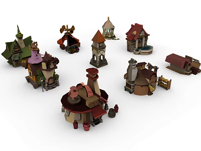 Vibrant Cartoon Scene Featuring Various Fairy Tale Miniature House Models With Unique Roof Designs 3d model