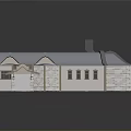 Traditional House Design With Gray Roof Beige Walls Windows Chimney And Blue Striped Porch