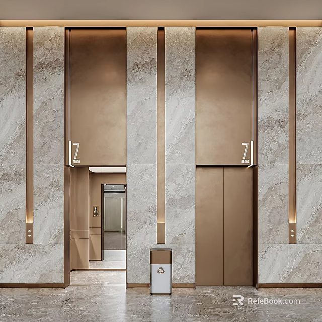 Modern Elevator Hallway With Marble Walls Gold Doors And Accent Lighting 3d model 