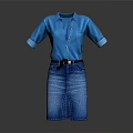 Blue Denim Shirt Collared Short Sleeve Button Front Dress with Belted Waist and Split Hem