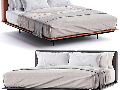 Double Bed Modern Design with Wooden Upholstered Headboard Gray Sheets White Pillows Gray Blanket 3d model