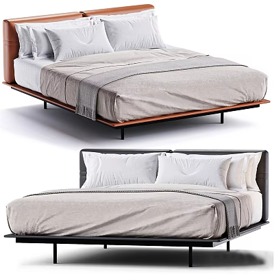 Double Bed Modern Design with Wooden Upholstered Headboard Gray Sheets White Pillows Gray Blanket 3d model