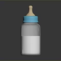 White Baby Bottle With Blue Cap And Wooden Nipple Containing Liquid For Feeding