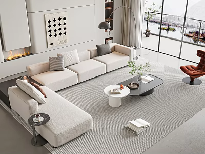 Modern Beige Sofa and Coffee Table Set With Rug Floor Lamp and Wall Art 3d model