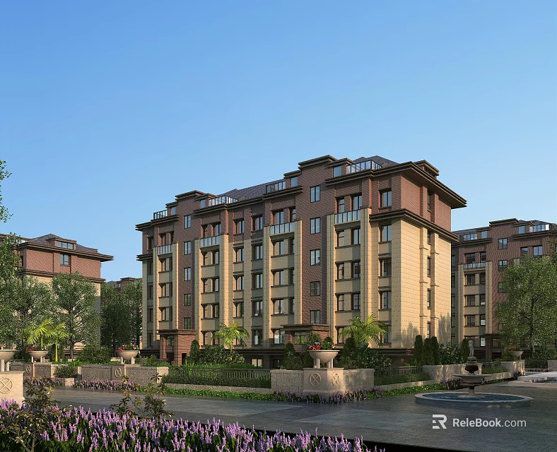 Elegant Multi Story Residential Building With Landscaped Gardens And Large Windows 3d model 