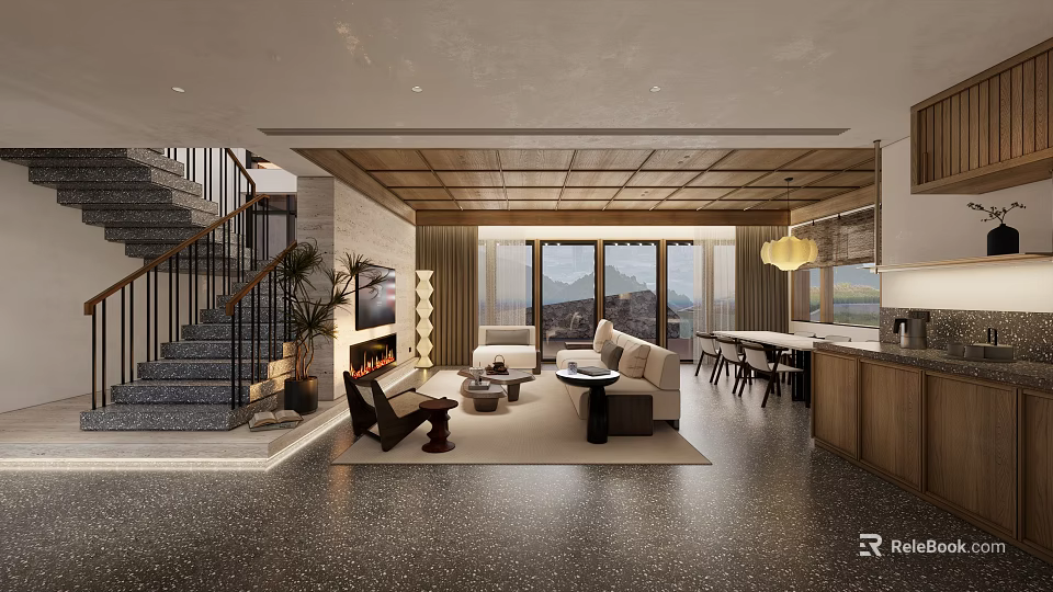 Modern Open Living Dining Room With Wooden Ceiling Floor to Ceiling Windows Sofa Dining Chairs 3d model 