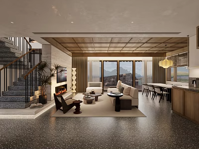 Modern Open Living Dining Room With Wooden Ceiling Floor to Ceiling Windows Sofa Dining Chairs 3d model