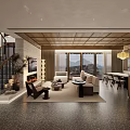 Modern Open Living Dining Room With Wooden Ceiling Floor to Ceiling Windows Sofa Dining Chairs