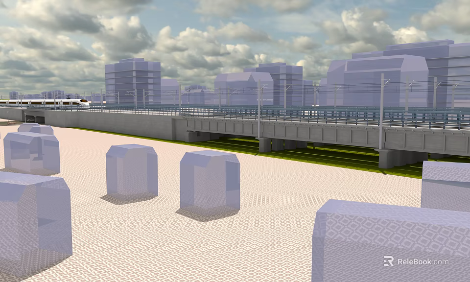 Urban Road Infrastructure With Concrete Pillars Elevated Road And City Buildings 3d model 