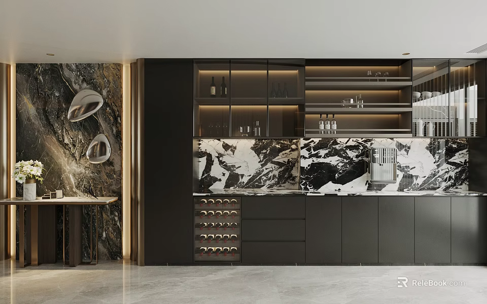 Modern Sideboard With Marble Countertop Wine Rack Glass Doors And Lighting 3d model 