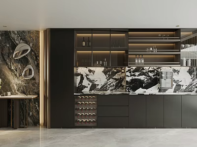 Modern Sideboard With Marble Countertop Wine Rack Glass Doors And Lighting 3d model