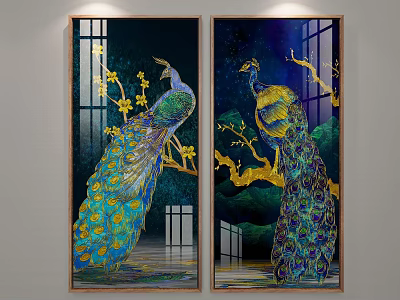 Vibrant Peacock Animal Paintings With Golden Floral Branches And Window Frames 3d model