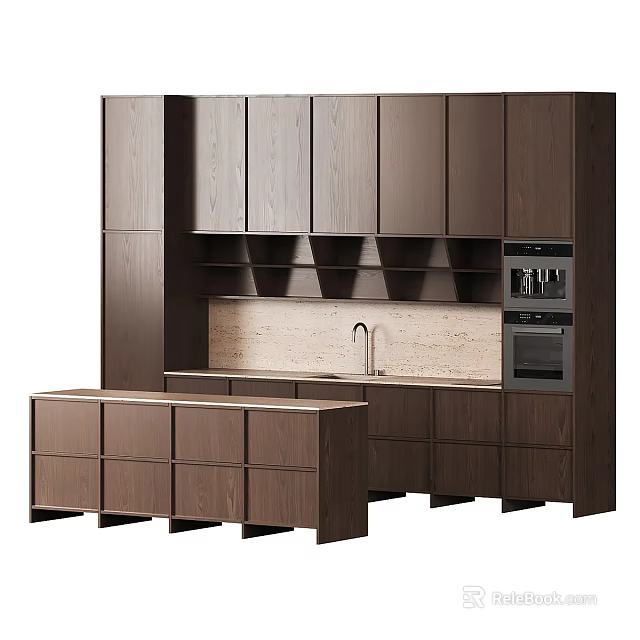 Modern Kitchen Featuring Built in Dark Wooden Cabinets Stone Countertop Sink And Appliances 3d model 
