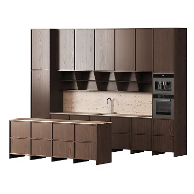 Modern Kitchen Featuring Built in Dark Wooden Cabinets Stone Countertop Sink And Appliances 3d model
